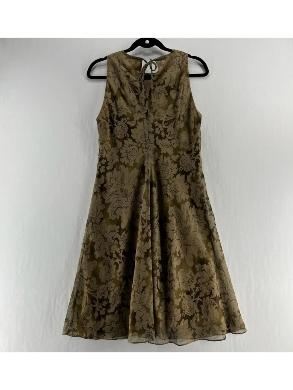 Donna Ricco Floral Chiffon A-Line Dress Womens 10 Tie Keyhole Sleeveless Vtg Tan - Picture 2 of 13